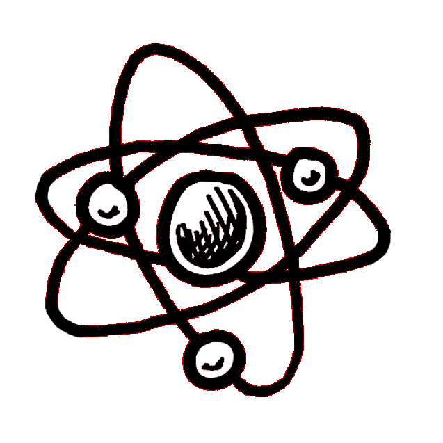 a hand-drawn illustration in thick black pen of a central nucleus with orbiting electrons