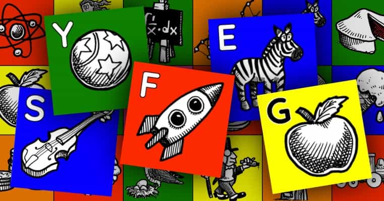 Brightly coloured alphabet tiles, showing E for Equus quagga, G for gravity