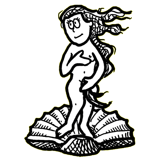 a hand-drawn illustration in thick black pen of a naked woman with long hair standing on a large sea-shell