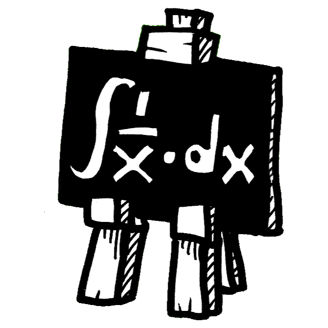 a hand-drawn illustration in thick black pen showing a blackboard on an easel, which white writing on the blackboard showing an expression for the integral of one over x