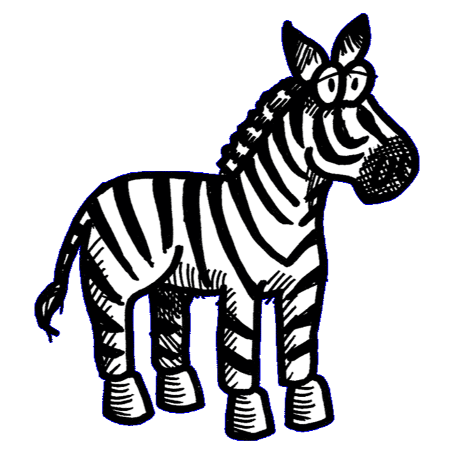 a hand-drawn illustration in thick black pen of a zebra