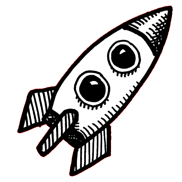 a hand-drawn illustration in thick black pen of a small space rocket