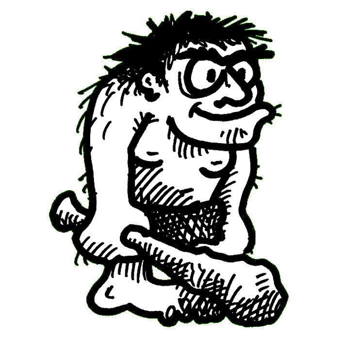 a hand-drawn illustration in thick black pen of a primitive man holding a rough club