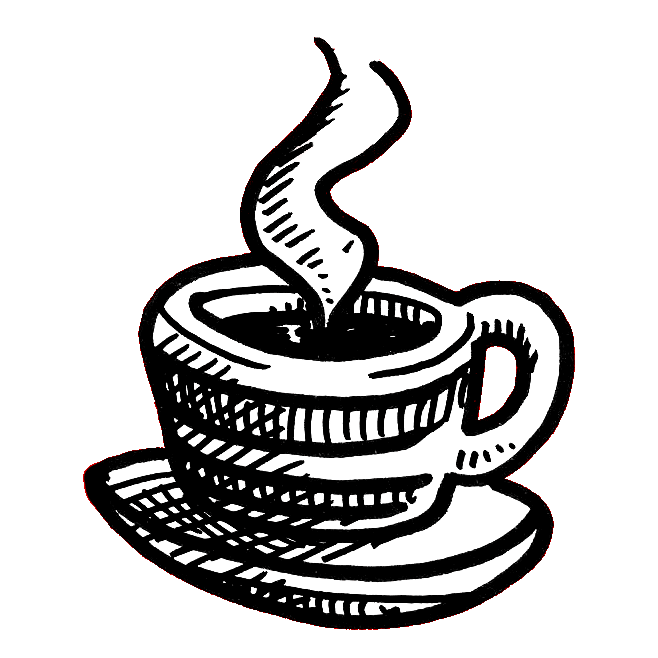 a hand-drawn illustration in thick black pen of a cup of coffee on a saucer with a twist of steam rising above it