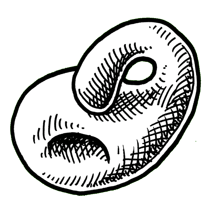 a hand-drawn illustration in thick black pen of a one-sided surface with a hole that is formed by the outside surface falling through itself to form the inside surface