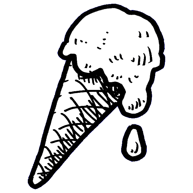 a hand-drawn illustration in thick black pen of an ice cream in a waffle cone. The ice cream is melting
