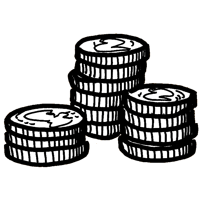 a hand-drawn illustration in thick black pen of some coins arranged into three stacks