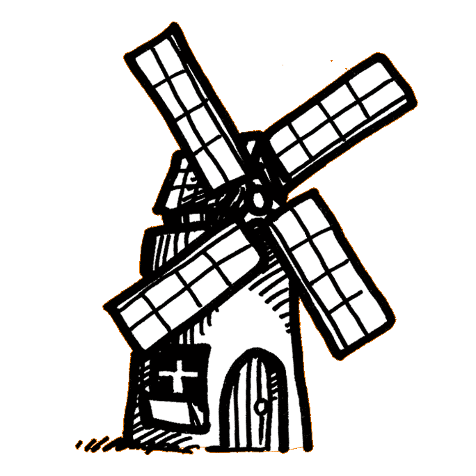 a hand-drawn illustration in thick black pen of a windmill