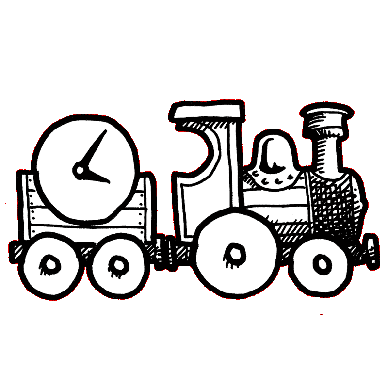 a hand-drawn illustration in thick black pen of a toy wooden train consisting of a steam locomotive with a funnel and dome, pulling a simple wagon with a large clock face
