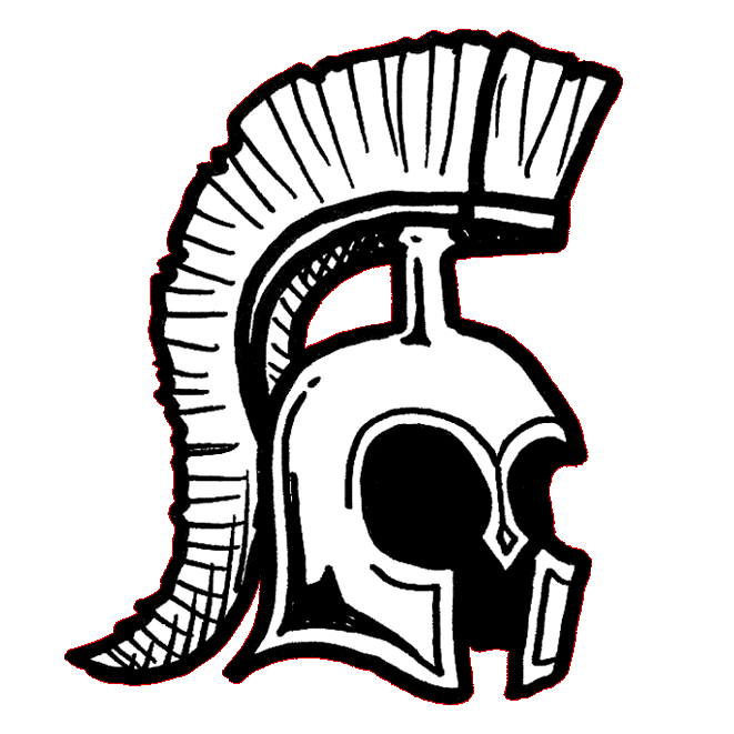a hand-drawn illustration in thick black pen of a Corinthian warrior's helmet with cheekpieces, nose guard, and a plume on a raised stalk