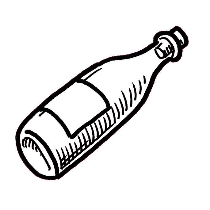 a hand-drawn illustration in thick black pen of bottle lying on its side with a rectangular label and a cork stopper