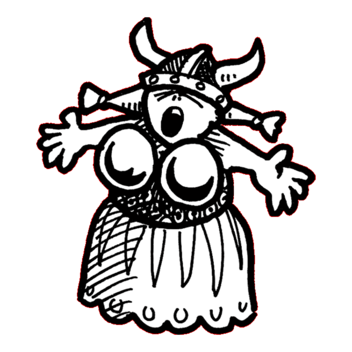 a hand-drawn illustration in thick black pen of woman with pigtails singing, her arms outstretched. She is wearing her hair in pigtails under a horned helmet, and is wearing a breastplate