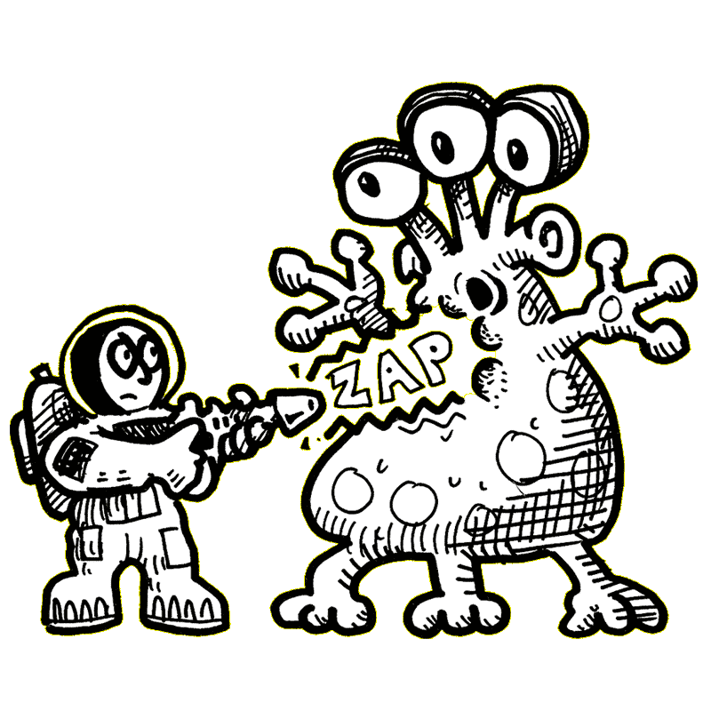 a hand-drawn illustration in thick black pen of a spaceman shooting a startled creature with a zap gun. The creature has three legs and three eyes on three stalks, and tube-like ears.