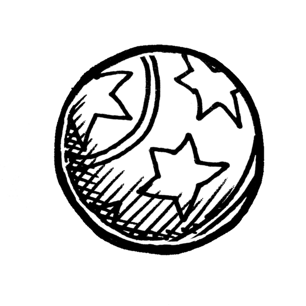a hand-drawn illustration in thick black pen of a child's ball decorated with stripes and stars